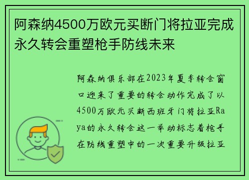 阿森纳4500万欧元买断门将拉亚完成永久转会重塑枪手防线未来